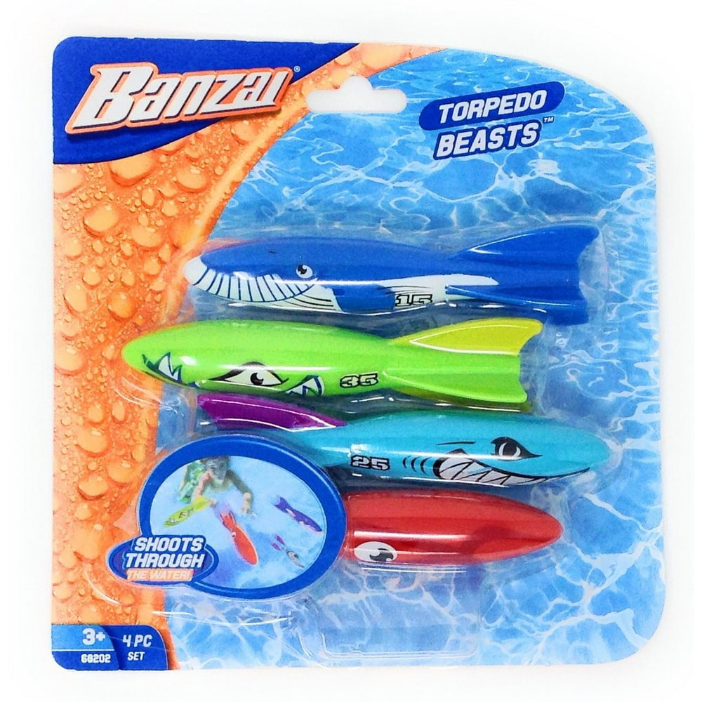 Banzai Swimming Pool Diving Toys Torpedo Beasts Sharks, 4 in a Pack