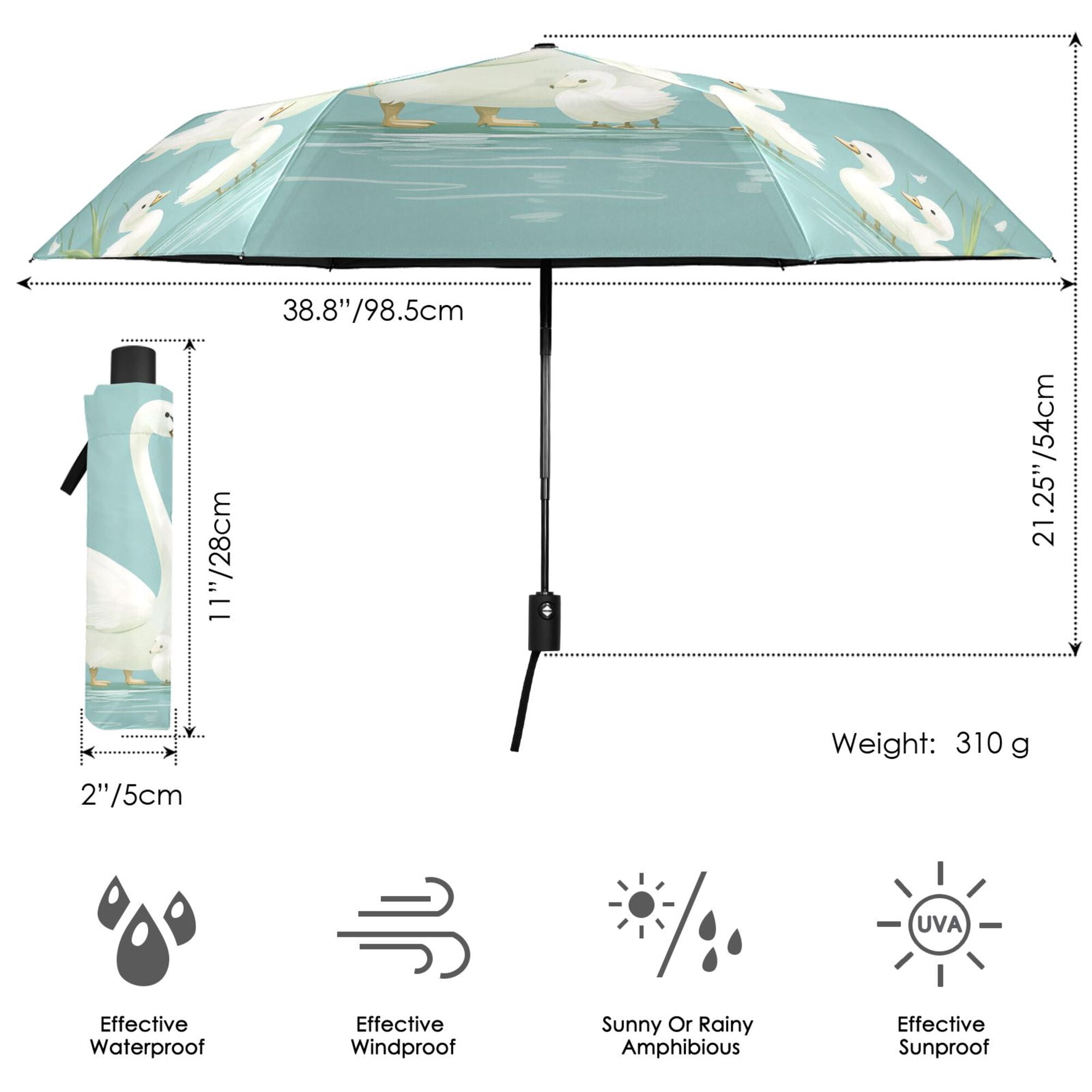 FORMRS Travel Umbrella Folding Auto Open Close Windproof Rain UV Protection, White Cartoon Swan