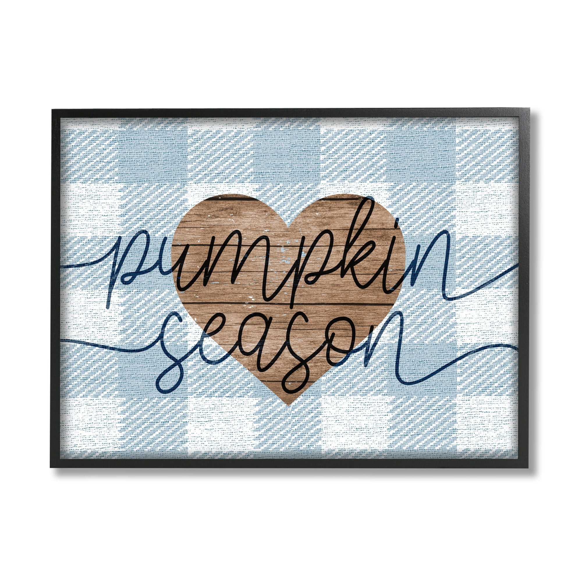 Stupell Industries Pumpkin Season Grain Pattern Heart Blue Checker Plaid, 30 x 24,Design by Daphne Polselli