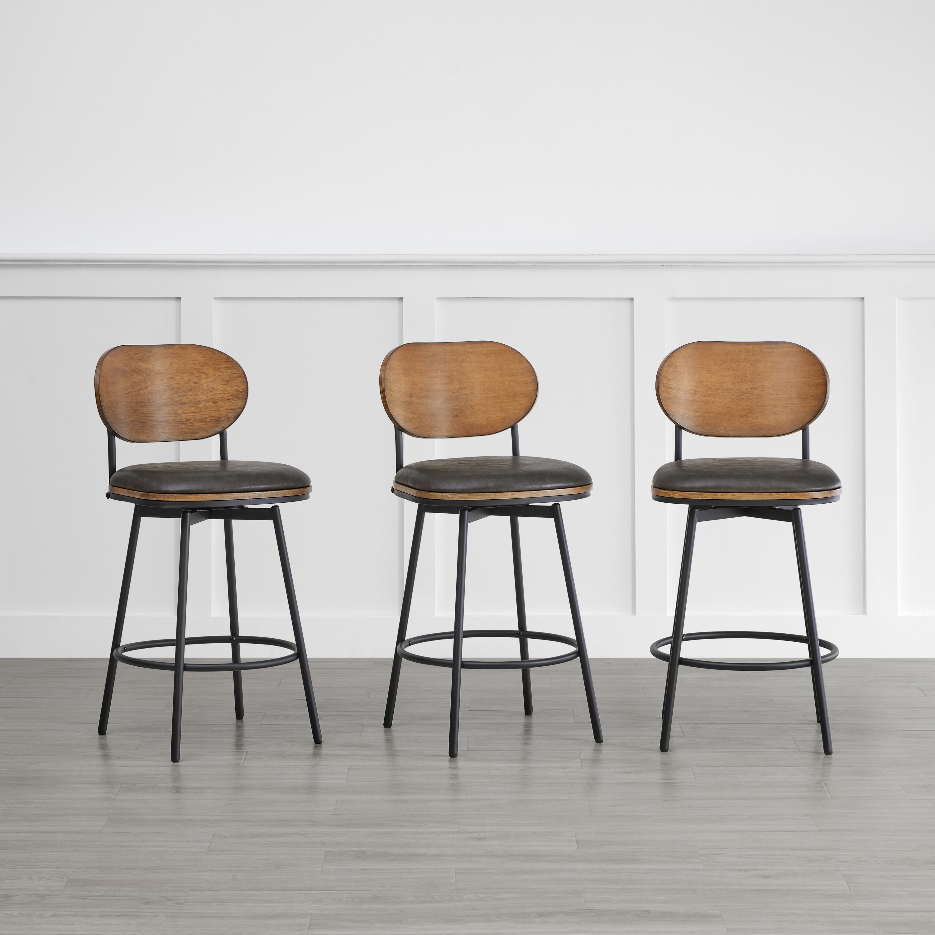 Spruce & Spring Counter Height Swivel Bar Stool with Wood Back and Metal Legs Set of 3, Dark Grey