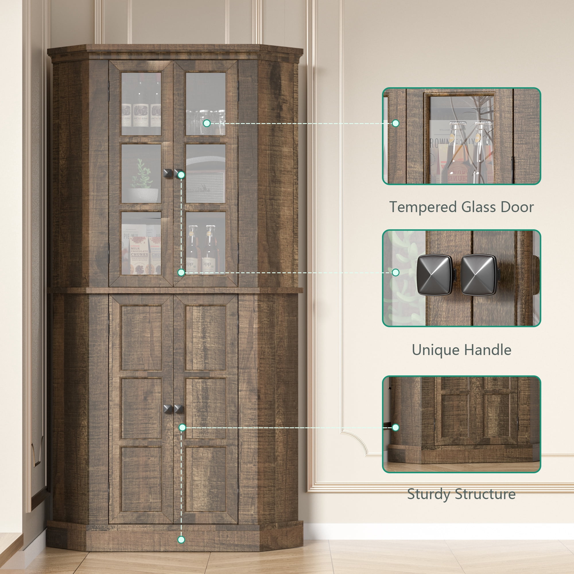 GetYes 67-Inch Corner Pantry Cabinet, 6-Tier Farmhouse with Glass Doors