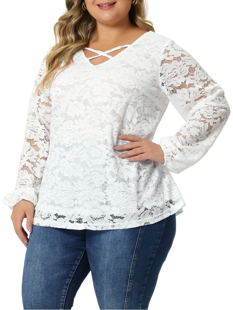 Unique Bargains Women's Plus Size Lace Blouse Sheer Elastic