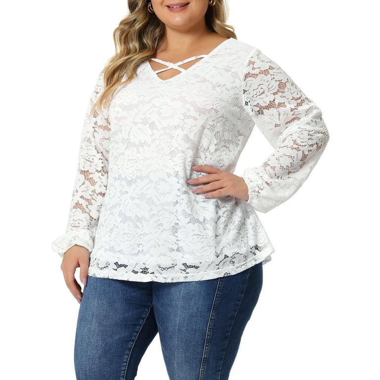 Unique Bargains Women's Plus Size Lace Blouse Sheer Elastic Unique Bargains Women's Plus Size Lace Blouse Sheer Elastic