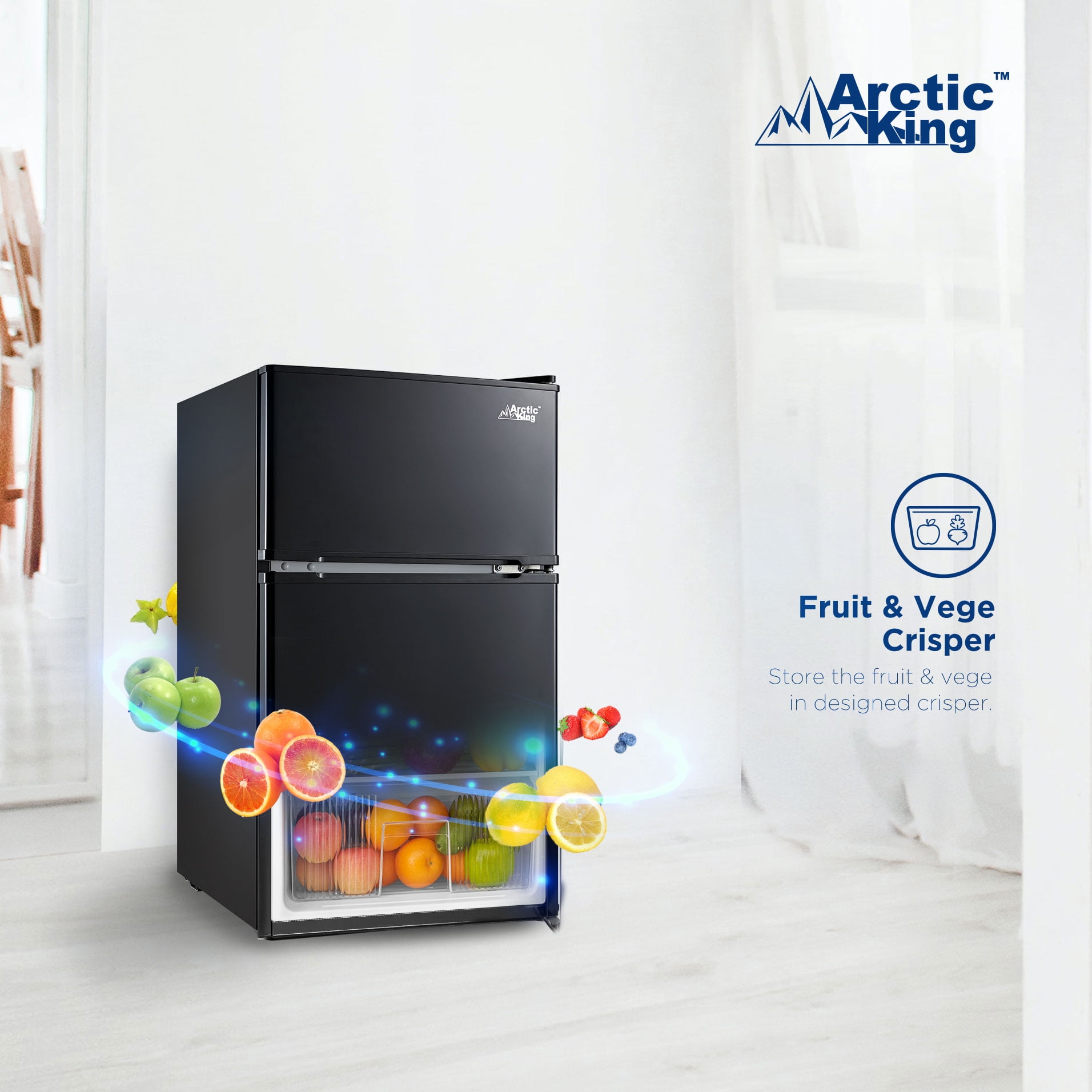 Arctic King - [ATMP032AEB] 3.2 Cubic Feet Two Door Mini Refrigerator with Freezer, Black