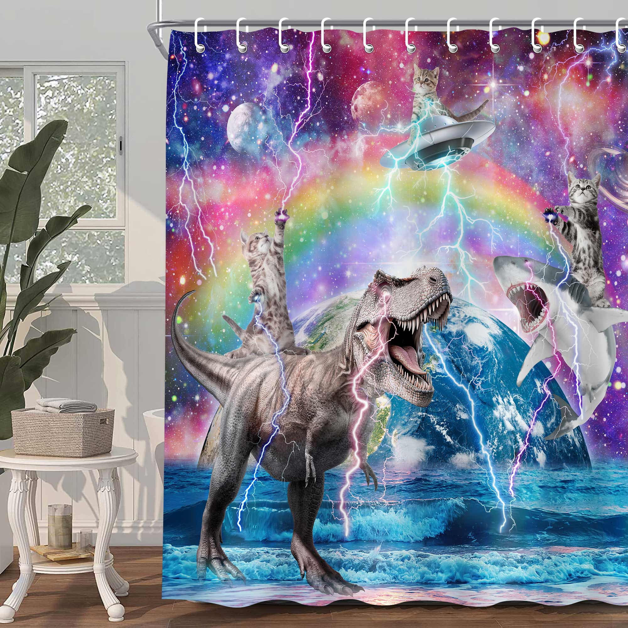 Funny Cat Shower Curtain, Cool Cat Riding Dinosaur on Fantasy Galaxy Space Shower Curtains for Boys Girls, Cute Shark Hilarious Outer Universe Anime Fabric Shower Curtain for Bathroom with Hooks