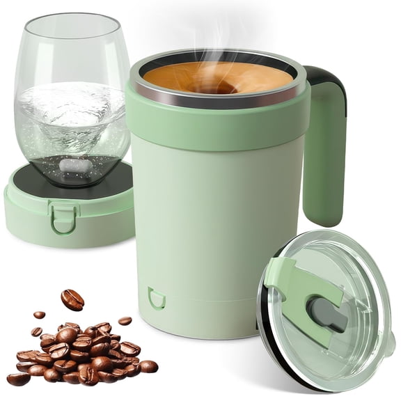 Self-Stirring Coffee Mug 12oz – Electric & Rechargeable with Magnetic Stirring, Temperature Display, Lid – BPA-Free, Auto Mixing for Hot/Cold Drinks (Green)