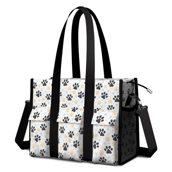 Teacher Tote Bag,Black Dog Puppy Paw Teacher Utility Tote Bag,Large Work Tote Bags for Women with Multiple Pockets,Top Zipper Closure,13.8x10.6x6.7 Inch