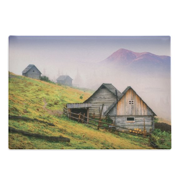 Rustic Cutting Board, Nature Wooden Houses in a Carpathian Mountains Ukraine Early Misty Morning Picture, Decorative Tempered Glass Cutting and Serving Board, Large Size, Green Brown, by Ambesonne