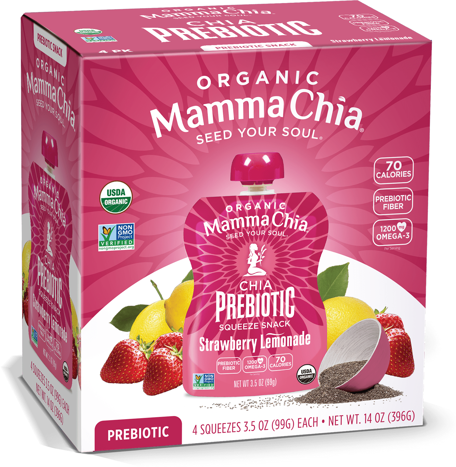 Mamma Chia Organic, Strawberry Lemonade Chia Prebiotic Squeeze, 3.5 oz, 24 Count Pouches 6 Boxes of 4