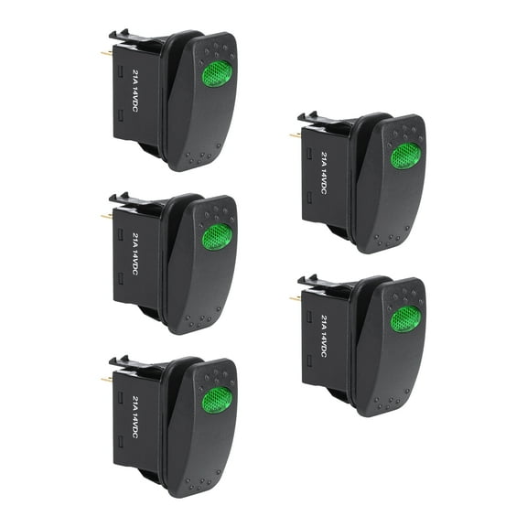 5pc 12V DC 20A 3-Pin SPST LED On/Off Rocker Switch Kit - GREEN