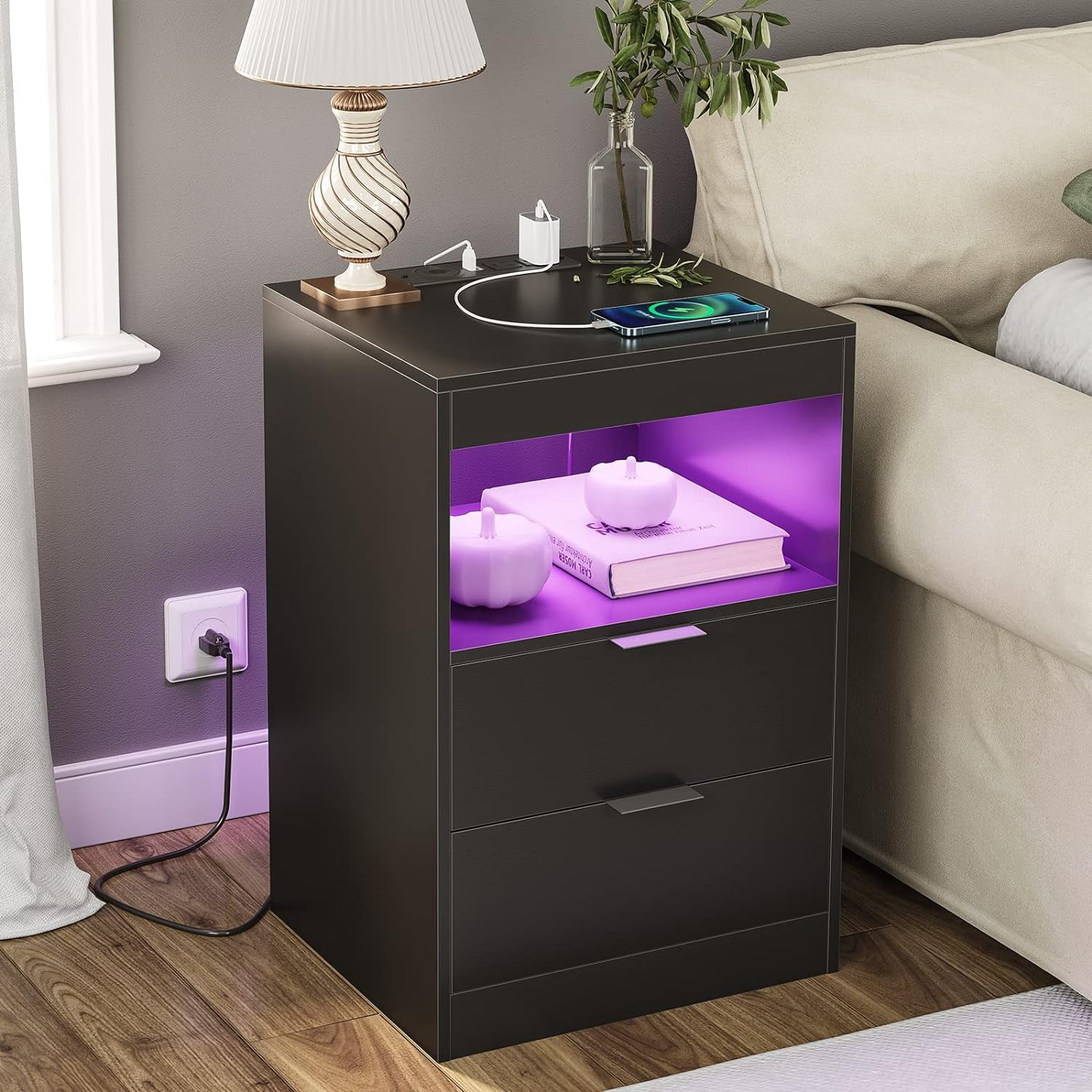 Amuzer Nightstand with Drawers, End Table with Wireless Charging Station, Side Table with LED Lights, Black