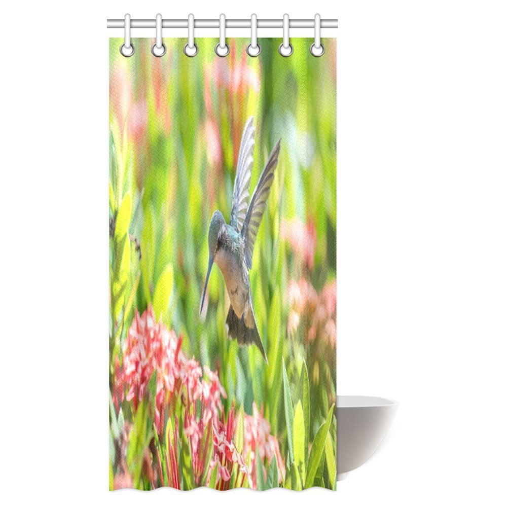 Pop Hummingbirds Shower Curtain Home Decor Beautiful Female Blue Tailed Emerald Hummingbird In Flight Feeding On Red Flowers Design Bathroom Set