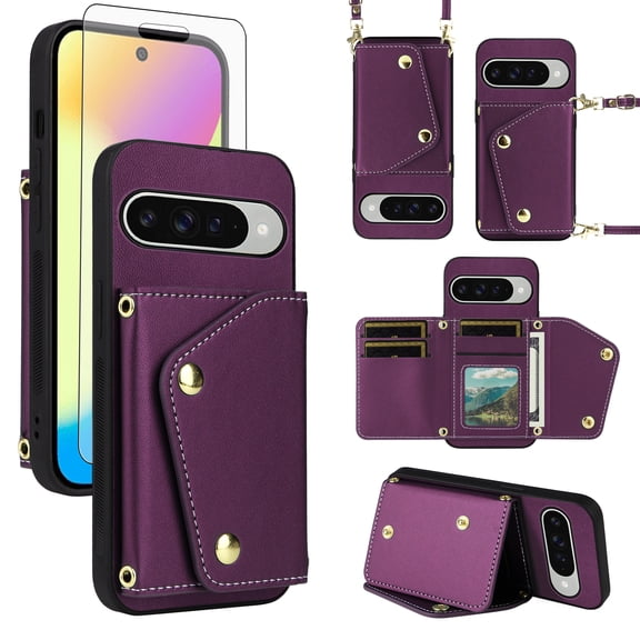 Furiet Wallet Case for Google Pixel 10/10 Pro 5G with Tempered Glass Screen Protector Slim Flip Purse Shoulder Strap, Luxury PU Leather Card Holder Stand Phone Cover for Pixel10 10Pro Ten Deep Purple