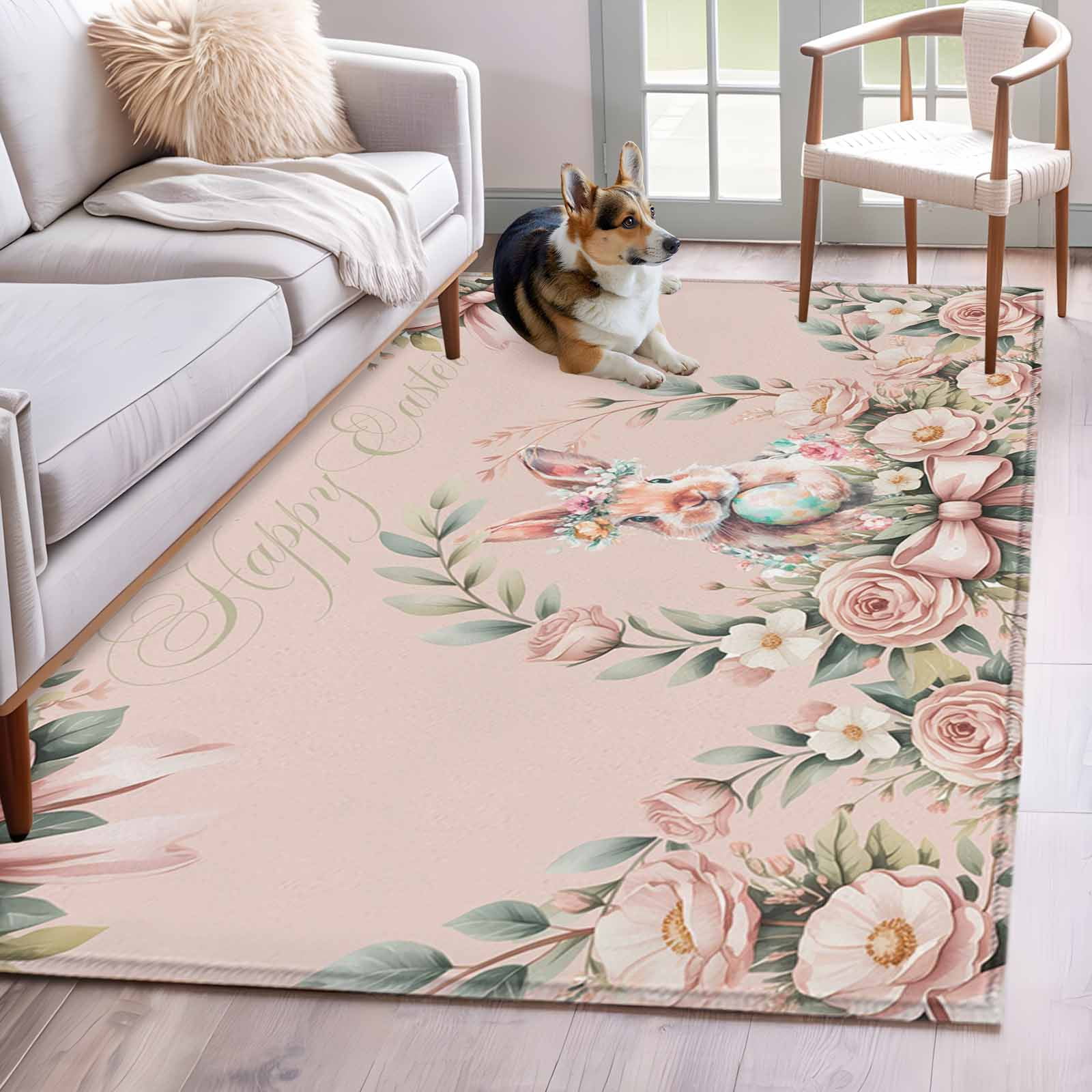 Rectangle Area Rug 4x6ft Easter Rabbit Rose Flower Non-Shedding Washable Area Rug Spring Pastoral Floral Light Pink Non Slip Low-Profile Rugs for Living Room Bedroom Dining Room