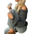 thumbnail image 3 of Female Sweaters Off the Shoulder Long Sleeve Cable Knit Sweater Loose Chunky Pullover Dressy Work Tops Dark Gray M, 3 of 7