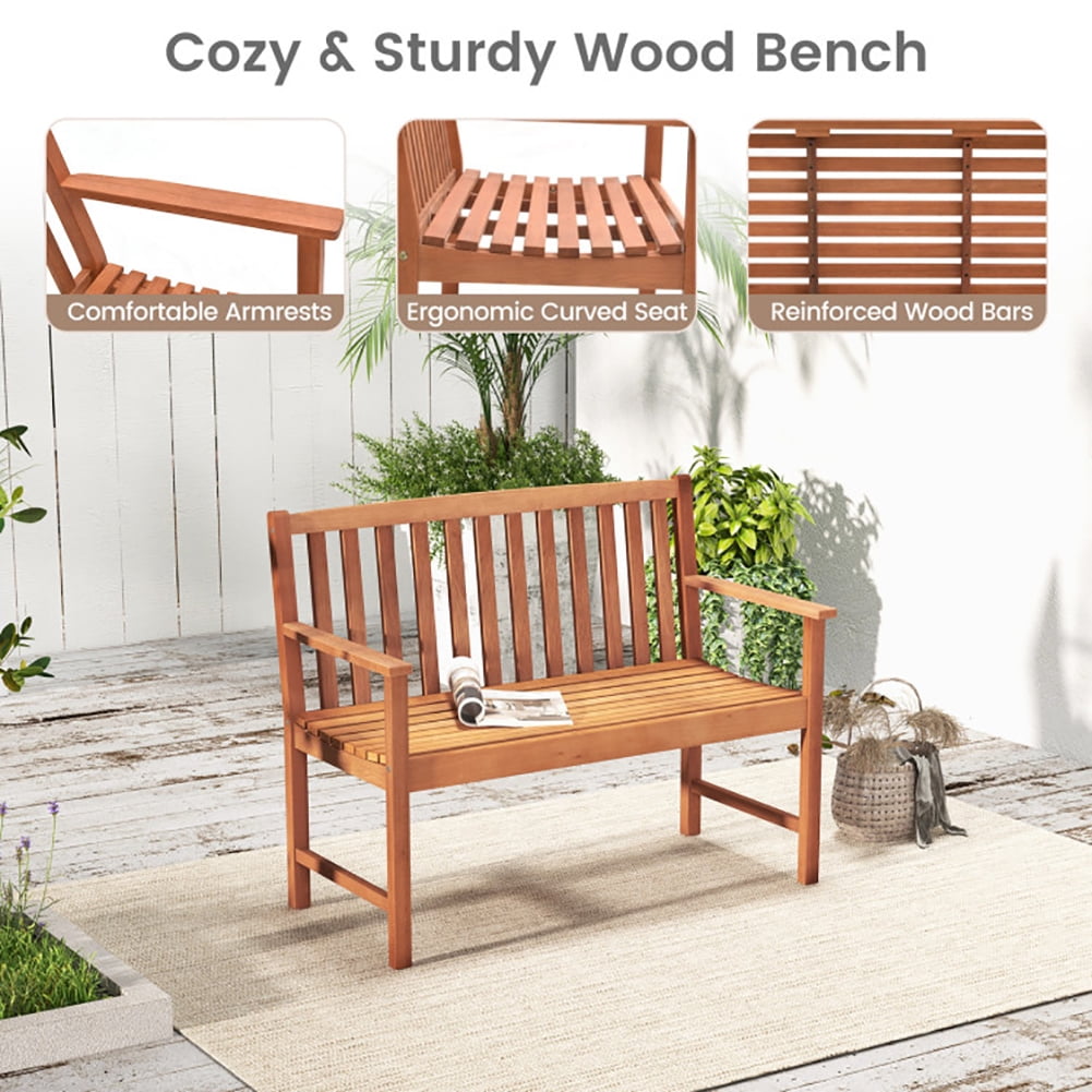 Aimee Lii 2-Seat Patio Wood Bench with Cozy Armrests and Backrest, Outdoor Patio Furniture Aimee Lii 2-Seat Patio Wood Bench with Cozy Armrests and Backrest, Outdoor Patio Furniture
