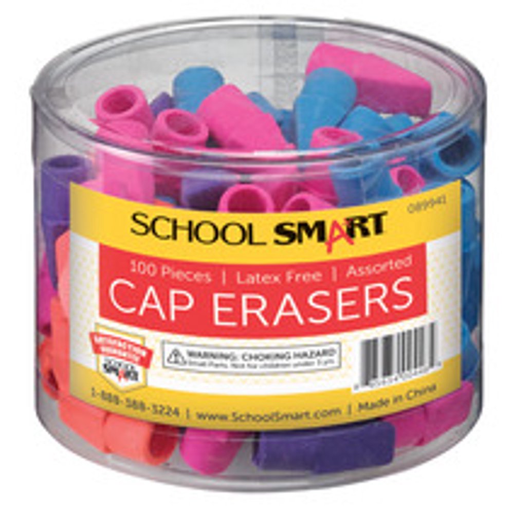 School Smart Pencil Cap Eraser, Chisel, Assorted Colors, Pack of 100