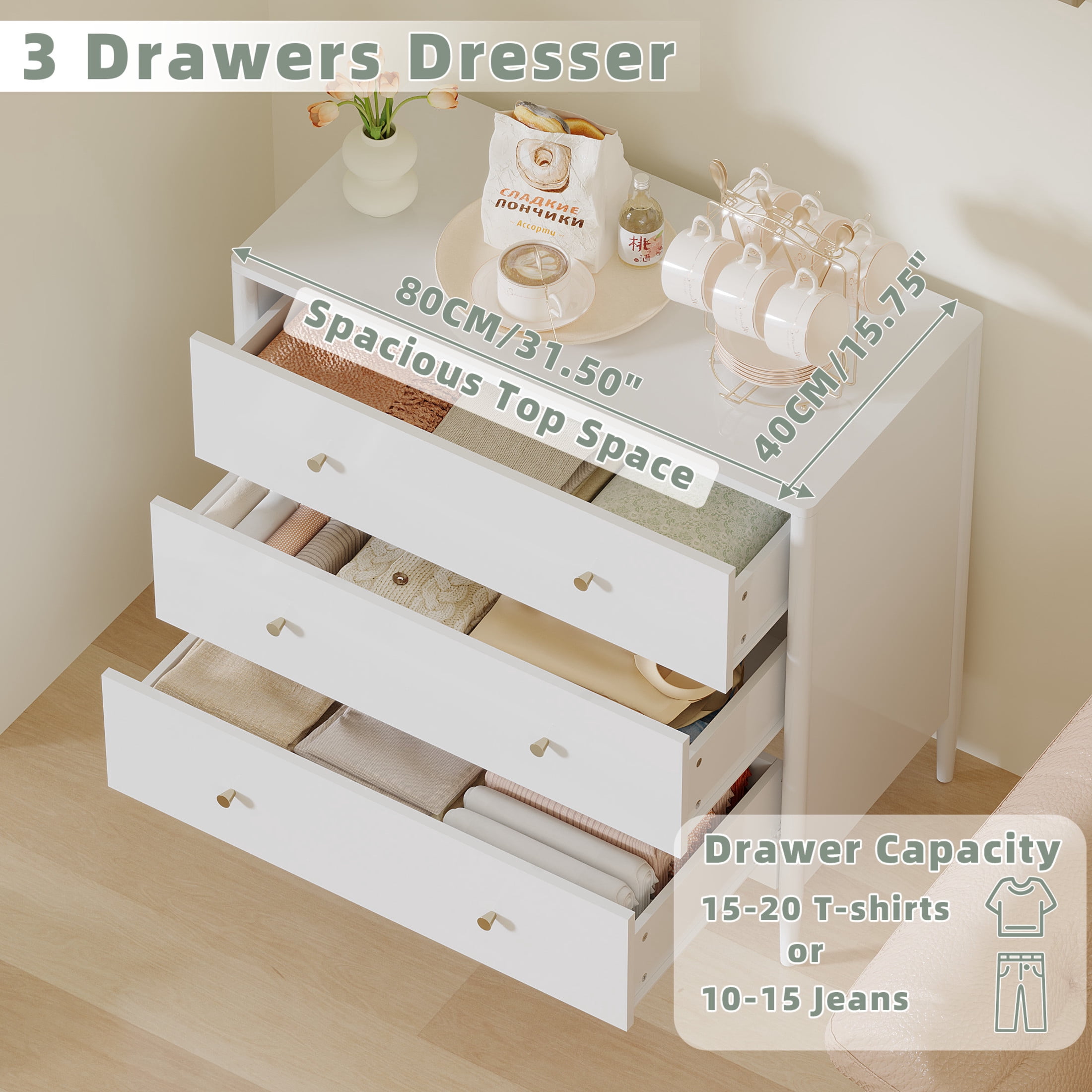 Noble House Prix Modern 3-Drawer Dresser Chest, Wooden Storage Cabinet, Organizer for Bedroom or Small Space, White