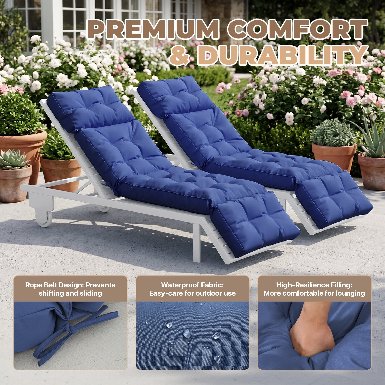 BaPiPro Set of 2 Upgraded 4-Segment Chaise Lounge Cushions, All-Weather Tie Fastened Pads with Plush PP Cotton, for Patio, Poolside & Balcony, Navy Blue