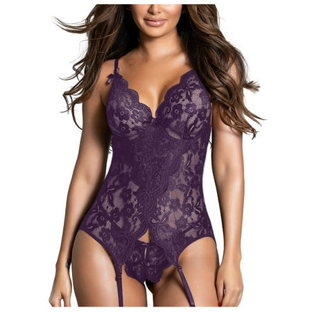 

BIZIZA Women Teddy Two Piece Babydoll Lace with Garter Belt Sexy Lingerie Sets with Thongs Purple L