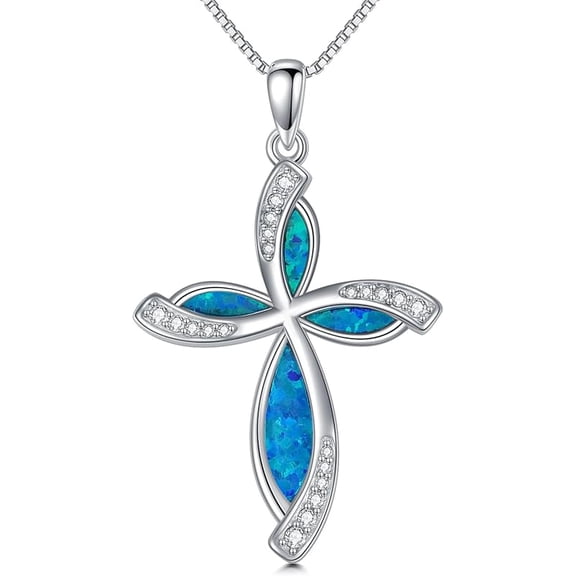 SISGEM Blue/White Opal Cross Necklace for Women 925 Sterling Silver 5A CZ Pendant Necklaces Gifts for Mother's Day, Birthday or Anniversary