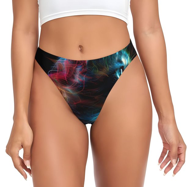 Fotbe Neon Spectrum Cat Portrait Tanga Sin Costuras para Mujer con Estampado – Panties Invisibles, Transpirables y Cómodos para Uso Diario-X-Large