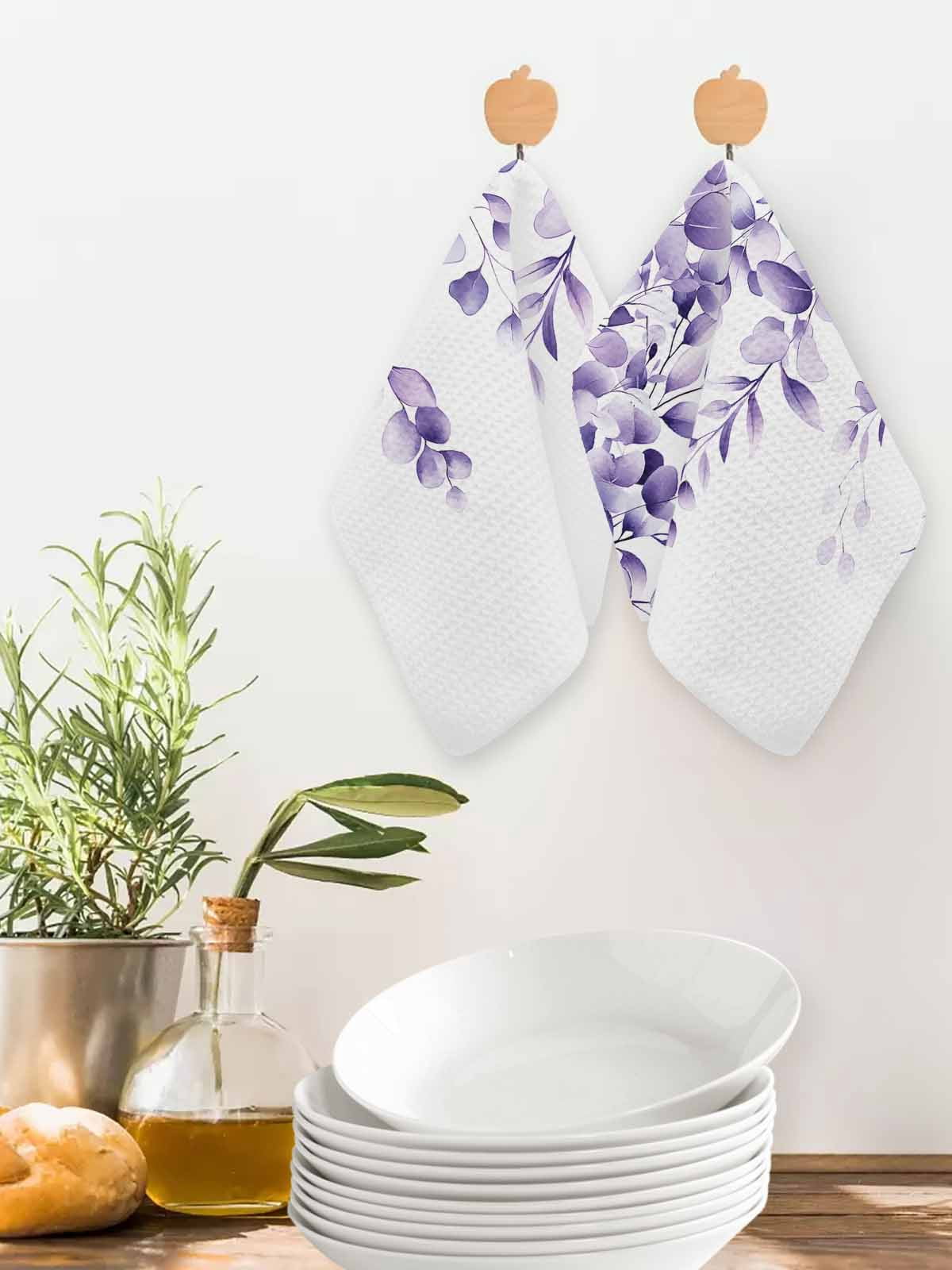 Purple Eucalyptus Dish Towels Set, Waffle Weave Kitchen Towels 4 Pieces, Botanical Plant Rustic Branch Floral Microfiber Hair Face Bath Tea Towel Absorbent Quick Drying Cleaning Dish Cloths 12"x12"