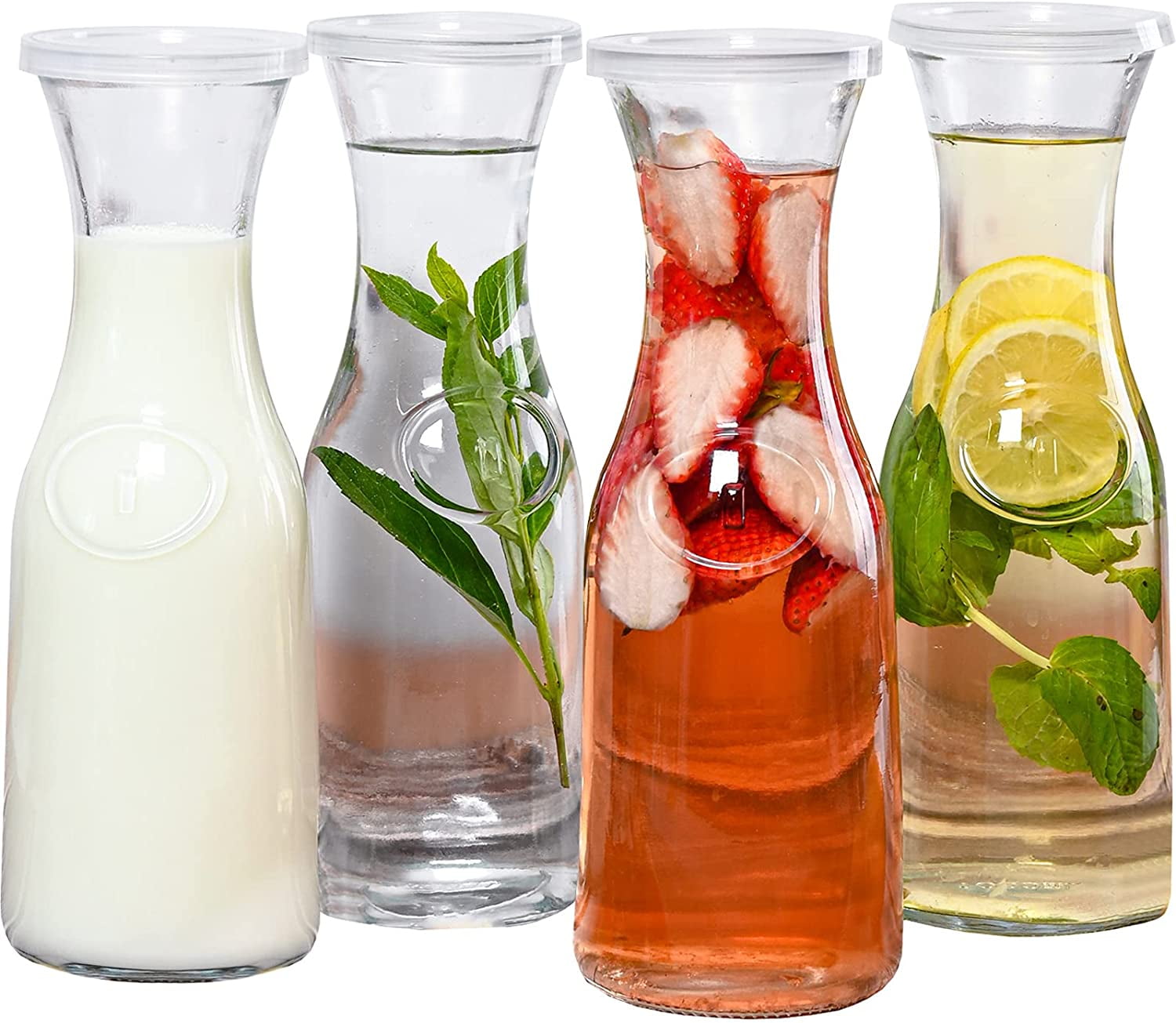 Estilo Glass Beverage Pitcher Carafe With Plastic Lids, Narrow Neck Design, 1 liter-Set of 4, Clear