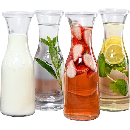 Estilo Glass Beverage Pitcher Carafe With Plastic Lids  Narrow Neck Design  1 liter-Set of 4  Clear