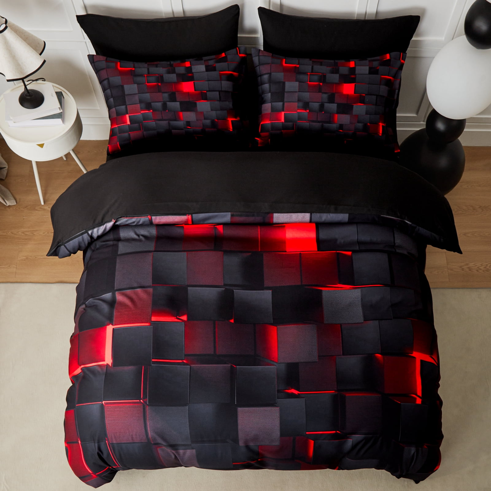 Flymme 3 Pieces Bedding Duvet Cover Set Queen Size Comforter Cover with Red Neon Light Pattern Modern Queen Duvet Cover Gift for Teen Men Bedroom Decor