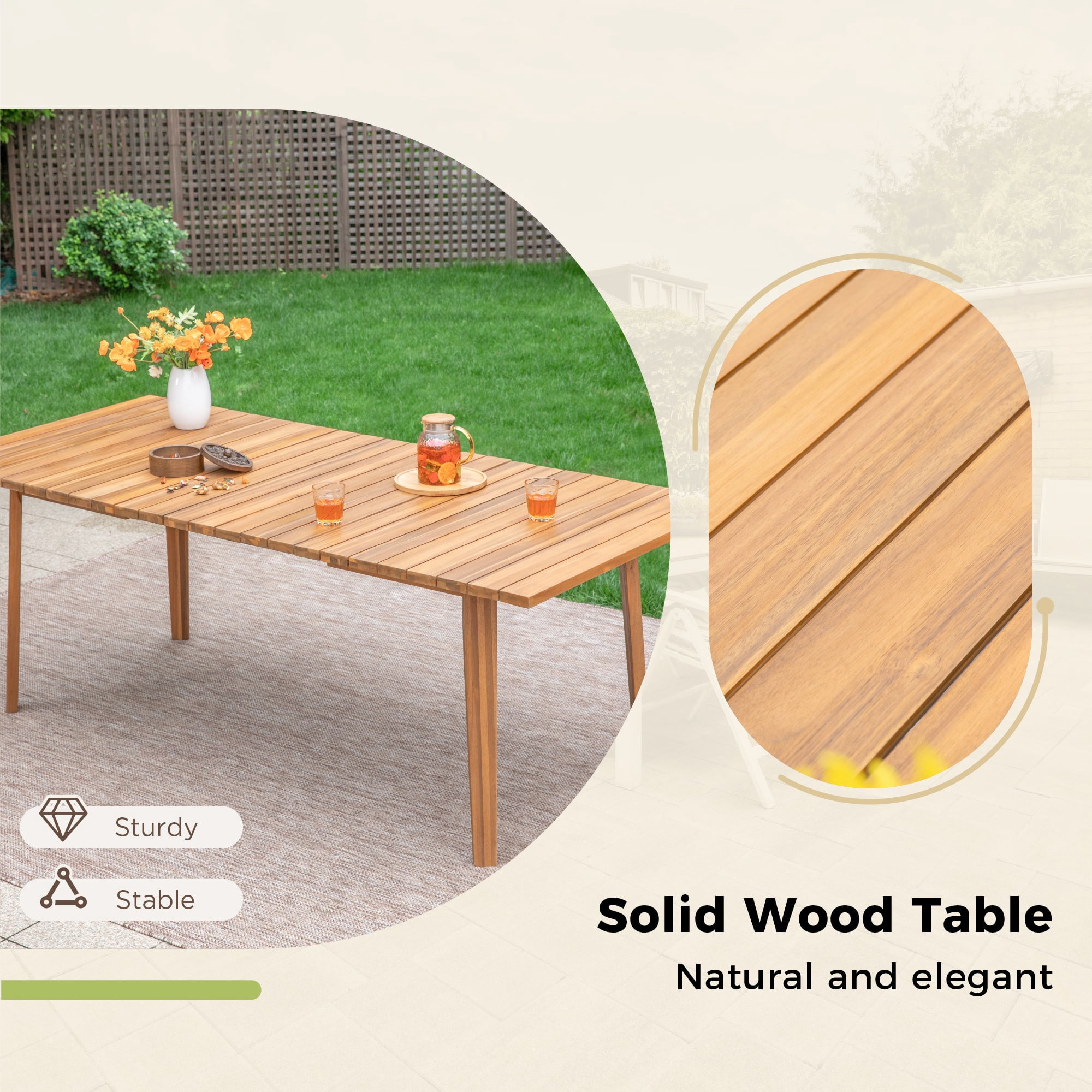 9-Piece Acacia Wood Outdoor Patio Dining set with 8 Wooden Chairs with Rattan and 1 Acacia Wood Table