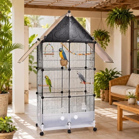 Upgraded Encrypted 62-Inch Bird Cage, with Wooden Perches, Metal Parakeet Cage with Slide-Out Tray, Water Bottle&Feeder, Bird Cages for Parrot,Parakeets,Cockatiel,Lovebird,Small Mid-Sized Birds