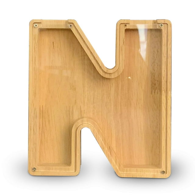 fastboy Coin Saving Box Wooden Alphabet Letter Shaped Money Jar with Transparent Window Personal Bank, N