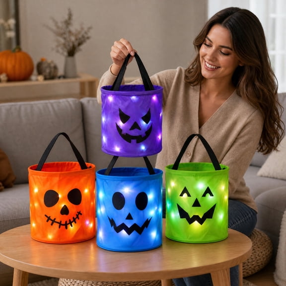 4 Pack, Light Up Halloween Bucket 9 Inch Halloween Candy Bags Treat Bags Halloween Trick Or Treat Bags with Led Light for Student Party Favor Halloween Decoration Supplies