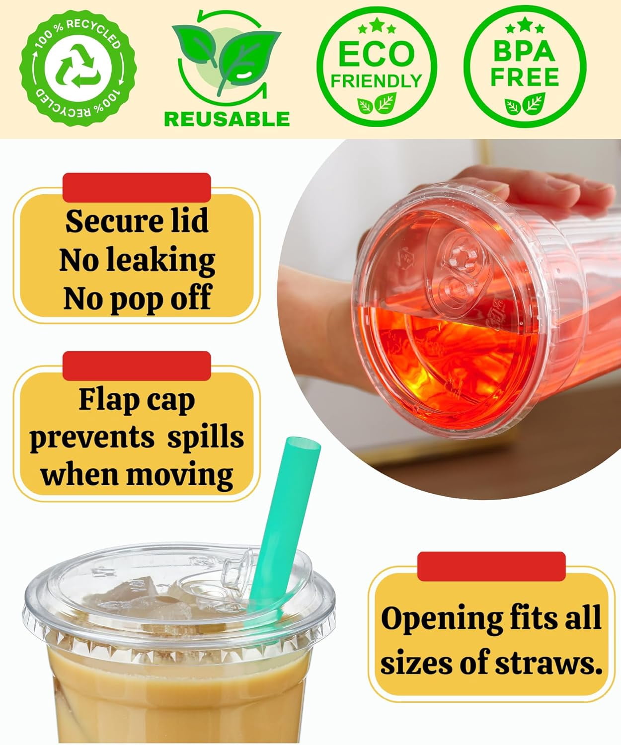 JJEAN-16 oz Clear Plastic Cups with Lids, 50 Sets Disposable Plastic Iced Coffee Cups with Strawless Sip-Lids, To Go Coffee Cup for Smoothie, Milkshake, Cold Drinks