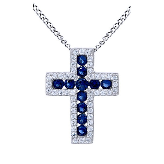 AFFY Blue Topaz and White Cubic Zirconia Cross Pendant Necklace In 14k White Gold Over Sterling Silver