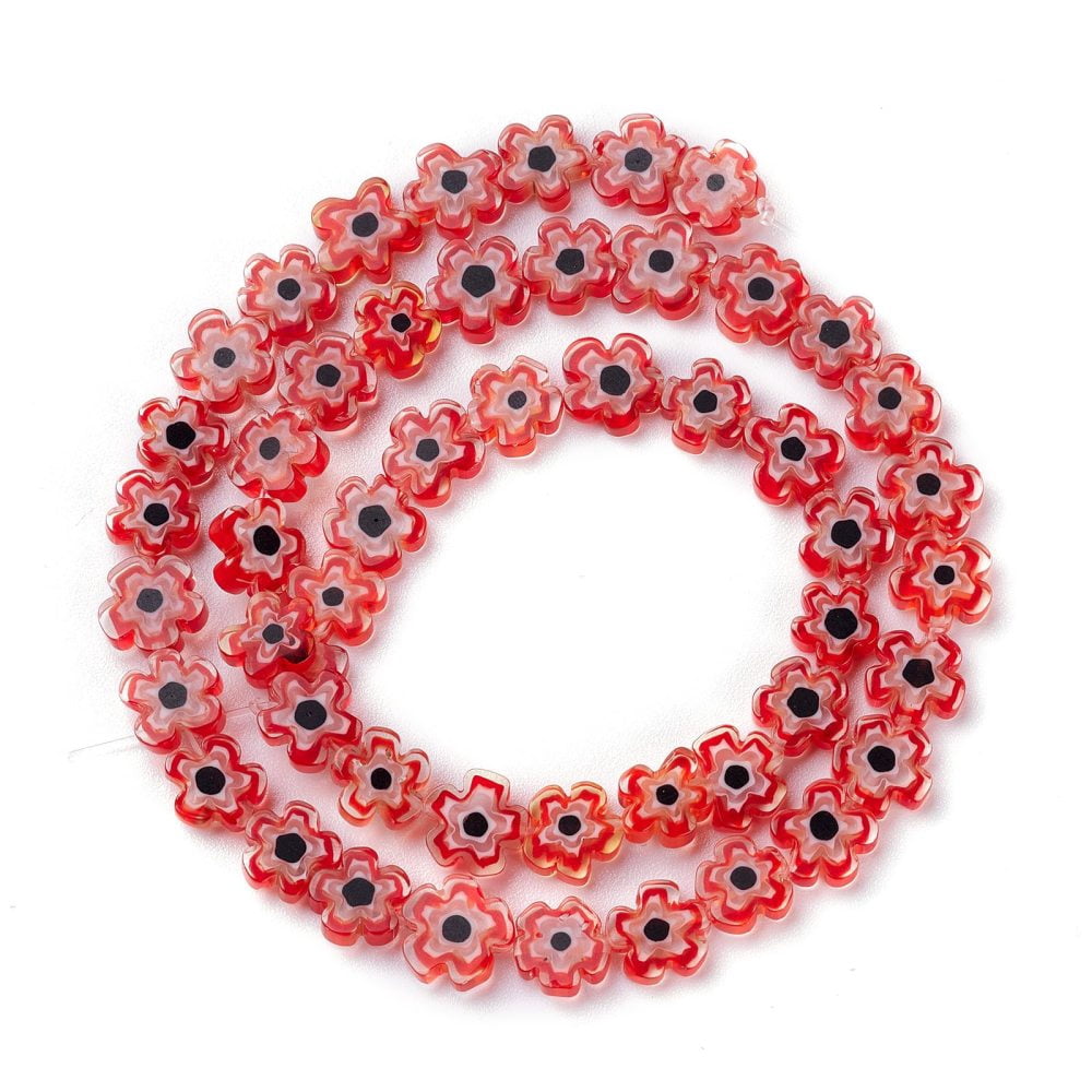 Handmade Millefiori Glass Bead Strands Flower Red 6.4~9x3.2mm Hole: 1mm about 56pcs/Strand 15.75''(40cm)