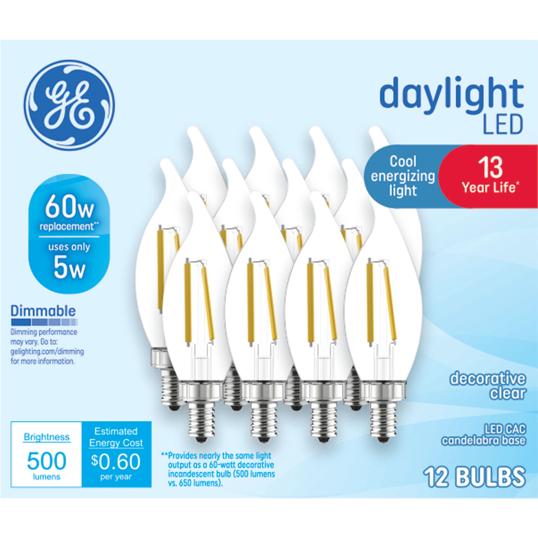 GE LED Light Bulbs, 60 Watt Replacement, Daylight, CA11 Decorative Candle Bulbs, 12pk