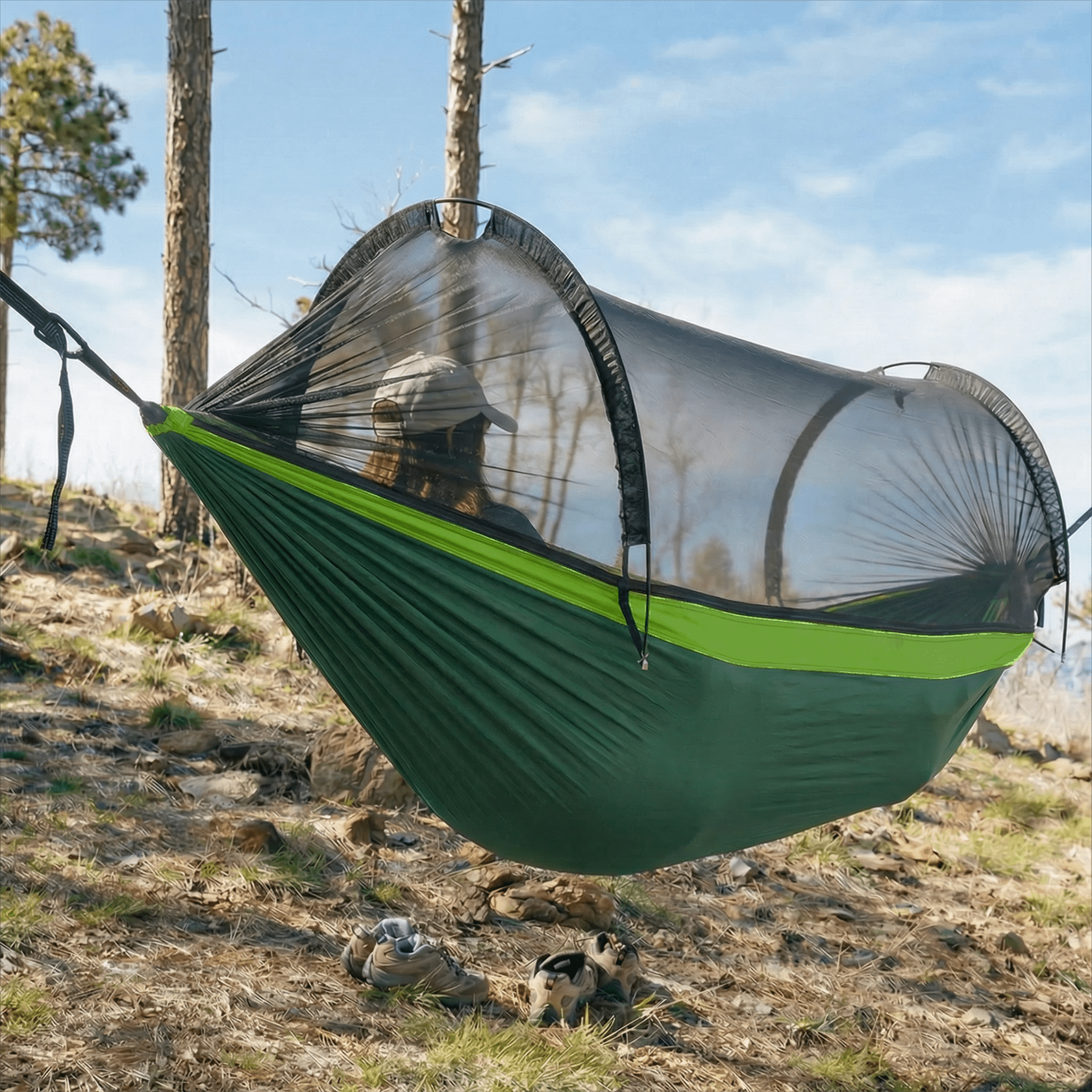 Sunyear Double & Single Camping Hammock with Tent-Like Mosquito Net & Aviation Aluminum Poles (NOT a Face-Hugging Net), Easy Setup 600lbs