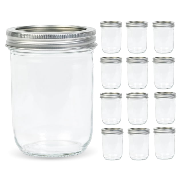 Mason Jars Yodecy, 16 onzas, boca ancha, vidrio transparente, paquete de 12 unidades con tapas