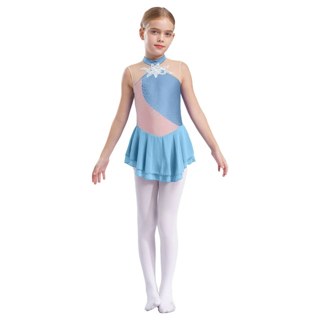 Oyolan Robe de Patinage à Glace Florale en Strass Sans Manches à Sequins en Maille pour Filles Enfants Robe de Patinage à Roulettes Gris Bleu 6
