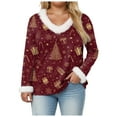 thumbnail image 4 of larppty Christmas Tops with Xmas Printed V Neck 2025 Fur Trim Long Sleeve Shirts Blouse Holiday Party Tops for Women (Wine, XL), 4 of 8