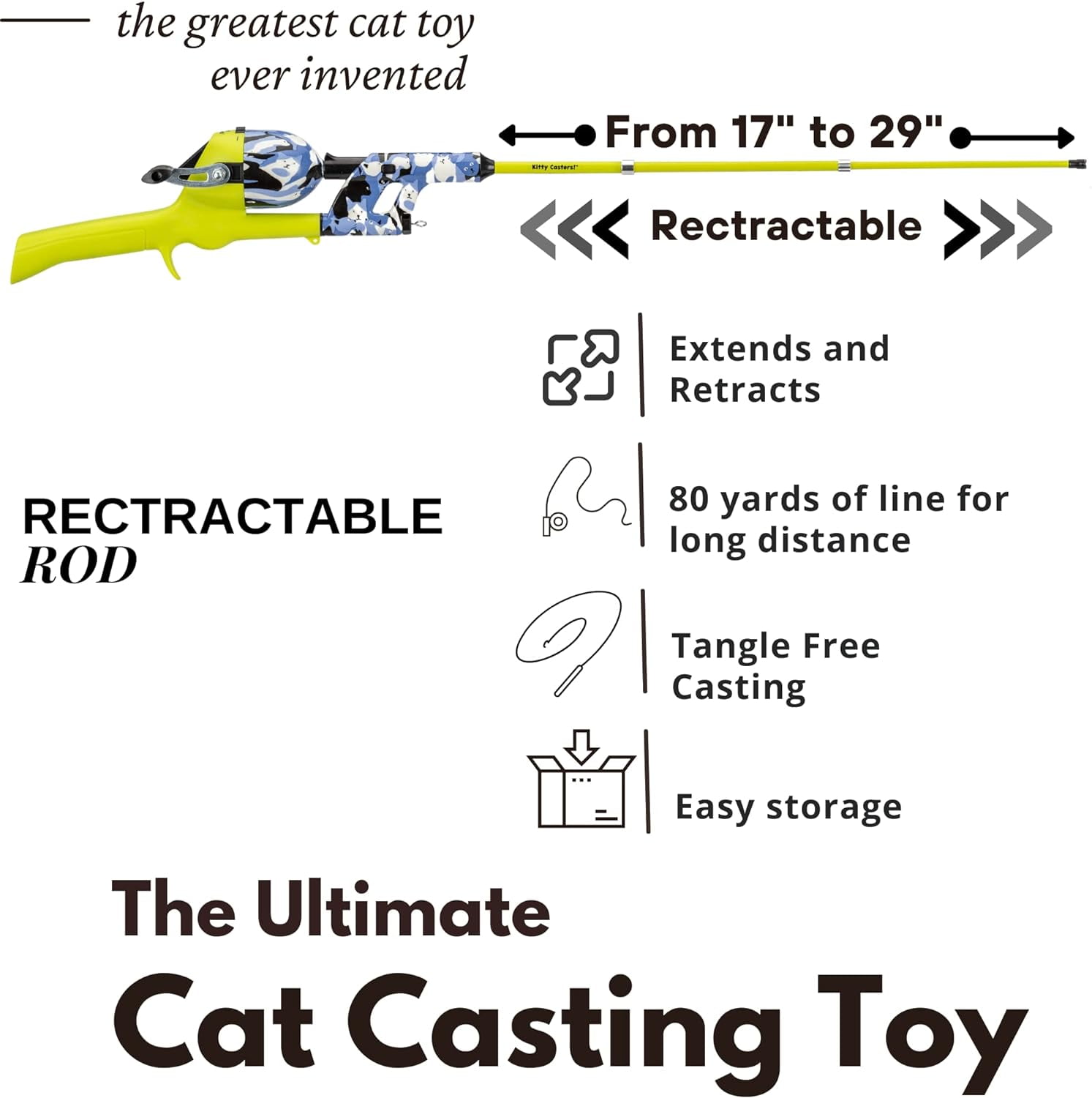 Cat Caster Fishing Pole Toy, Tangle Free, Retractable & Easy to Store. Includes  Two Interchangeable Teaser Toys