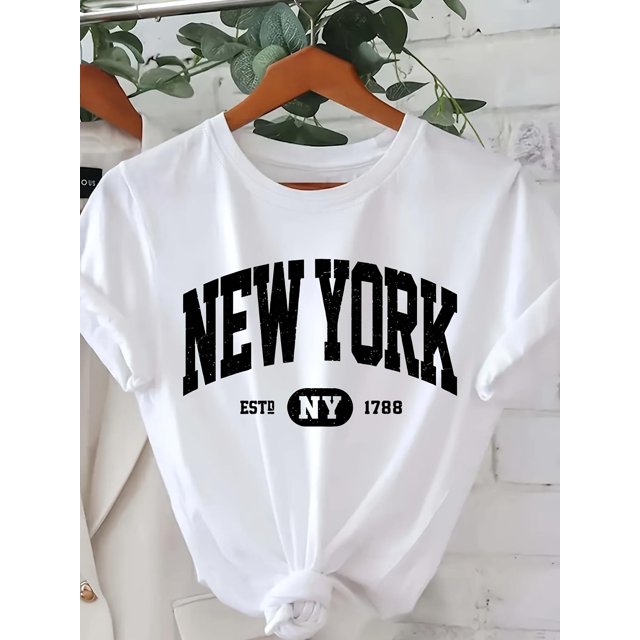 Casual Short Sleeve For Spring & Summer New York Letter Print Crew Neck T-Shirt, Women's Clothing