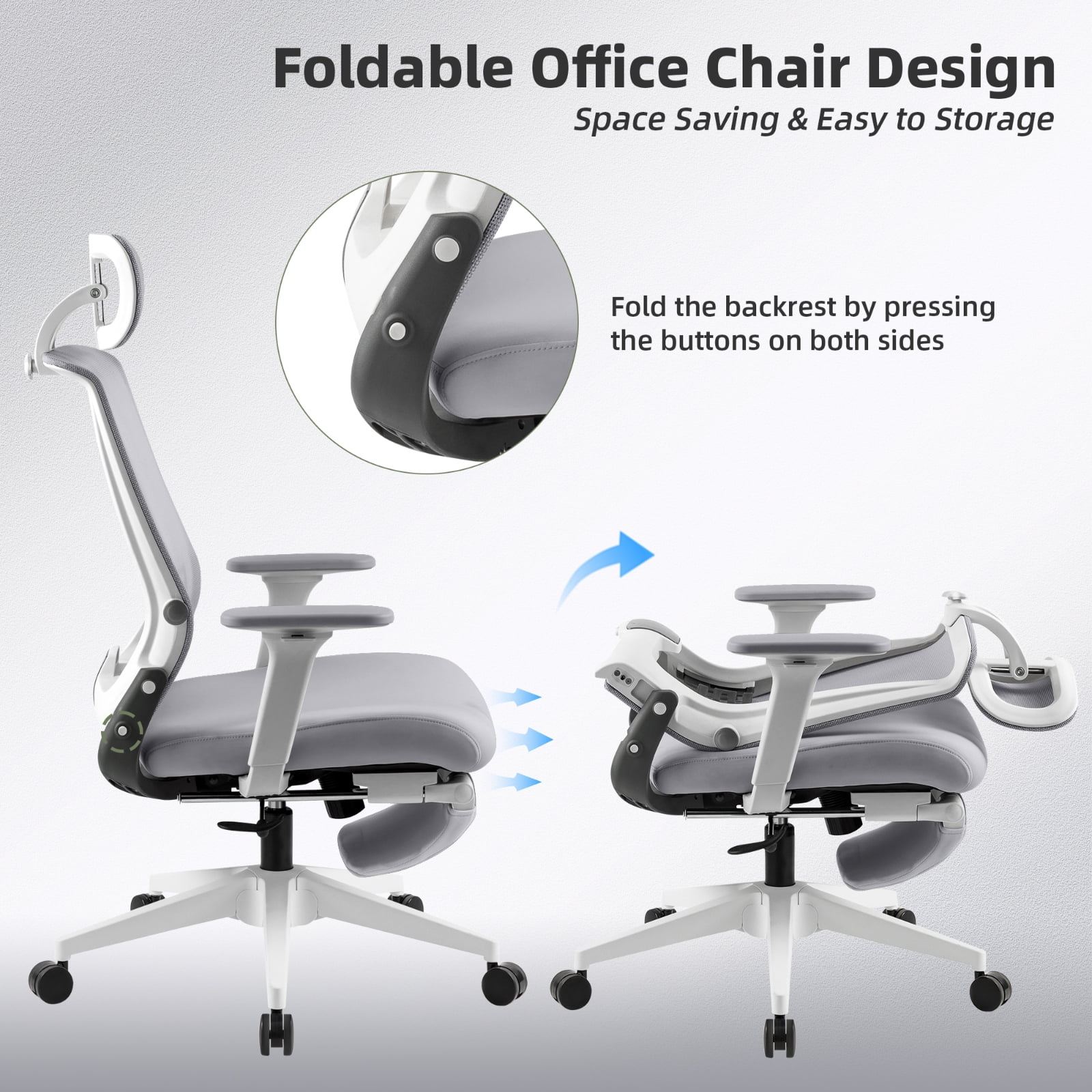 Hforesty Grey Foldable Office Chair with Footrest – Ergonomic Mesh Computer Chair, Lumbar Support, Swivel Tilt, 300lbs