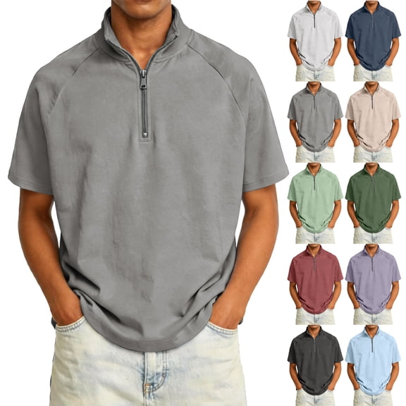 2026 Spring Summer Henley Shirts for Men Short Sleeve Quarter Zip Pullover Ribbed Stand Collar T-Shirts (Black,XL)