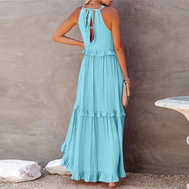 Mohiass Solid Color Halter Ruffle Maxi Dress for Women Sleeveless Casual 2024 Ruched Long Dress Light Blue XL