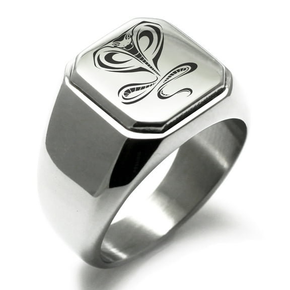 Stainless Steel Serpentine King Cobra Engraved Square Flat Top Biker Style Polished Ring