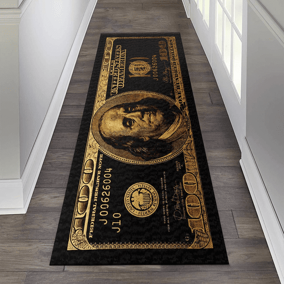 Black Gold Rugs 100 Dollar Bill Area Runner Money Rugs Nonslip Rubber Backed Laundry Room Rug Runner Floor Mat for Living Room Dining Room Washroom Bathroom Mudroom Kitchen Doormat Hallway 24"X71"