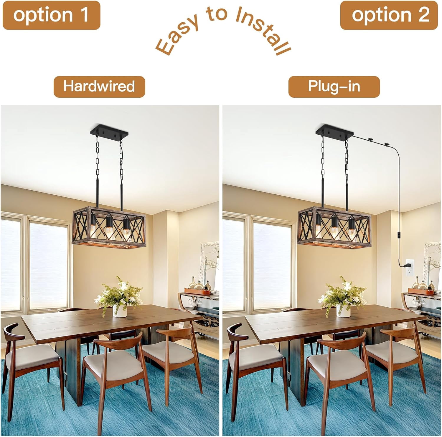 KEESFU 3-Light Farmhouse Pendant Light with Plug-in Cord, Rustic Wood Ceiling Fixture for Kitchen, Dining Room, Living Room